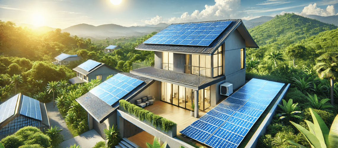 DALL·E 2024-09-10 13.45.46 - A realistic energy-themed image showing solar panels installed on the rooftop of a modern house under a bright sunny sky. The house is surrounded by l